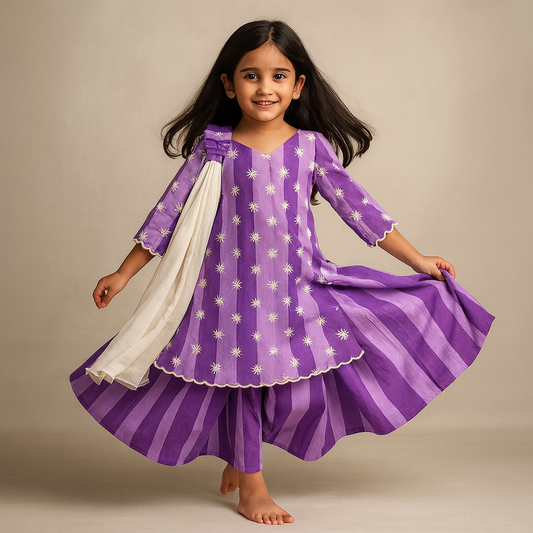 Pre Order: Purple Striped Kurti With Matching Palazzo And Choker Dupatta