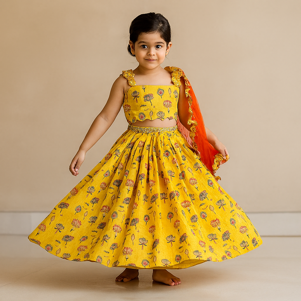 Pre Order: Lotus Flower Detailed Top And Lehenga With Ruffled Dupatta