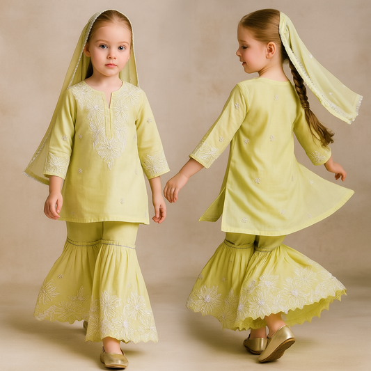 Pre Order: Yellow Front Placket Kurti And Pleated Sharara With Net Dupatta