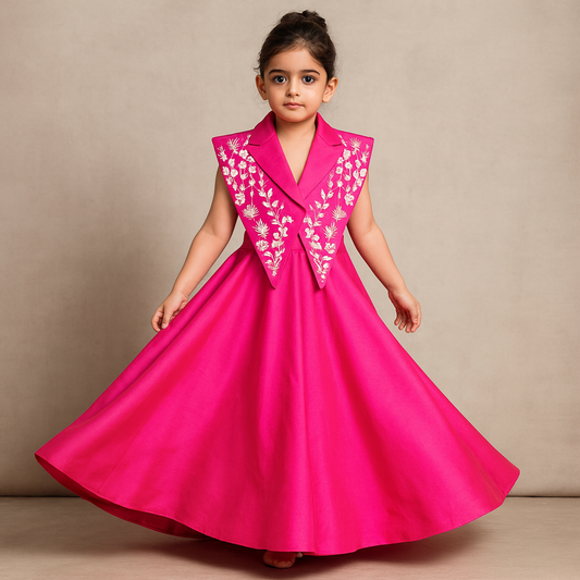 Pre Order: Hot Pink Gown With Embroidered Vest