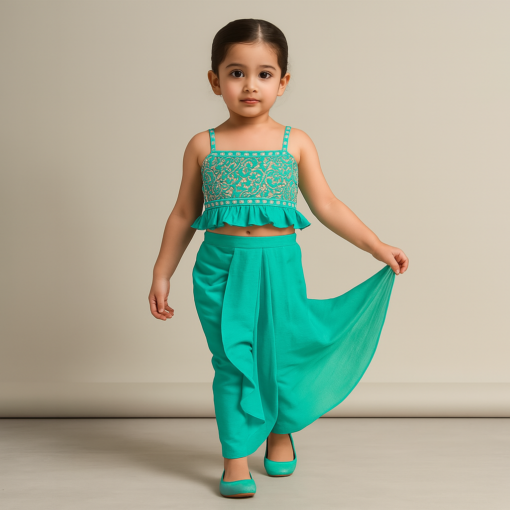 Pre Order: Floral Embroidery Top With Dhoti Style Skirt