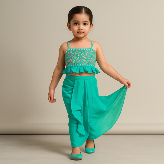 Pre Order: Floral Embroidery Top With Dhoti Style Skirt