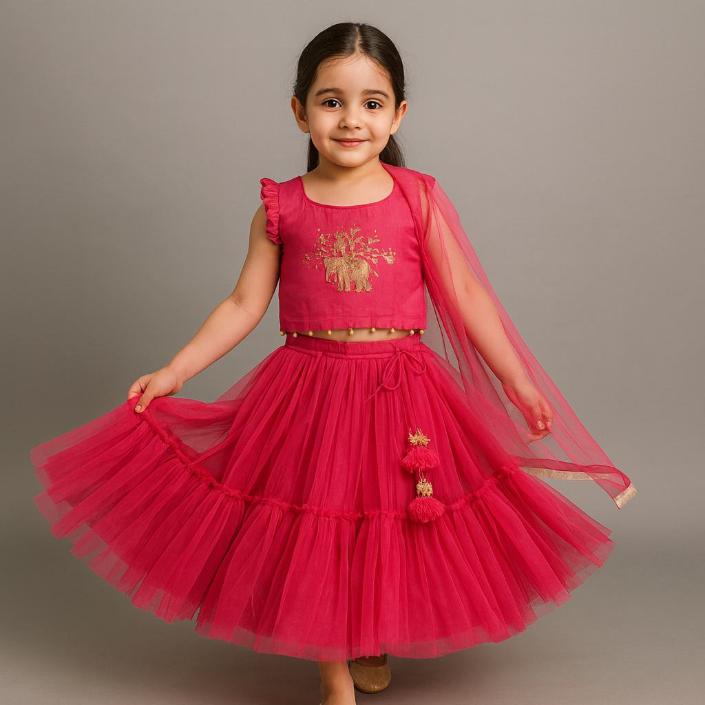 Pre Order: Animal Motif Embroidered Top And Net Lehenga With Matching Dupatta