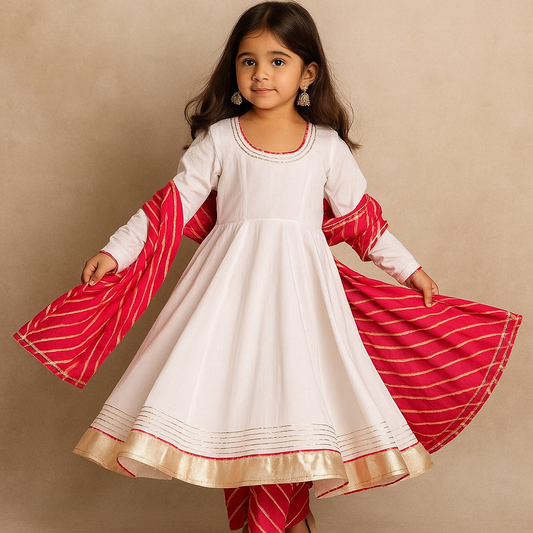 Pre Order: White Anarkali with Lehariya Dupatta and Gota Detailing