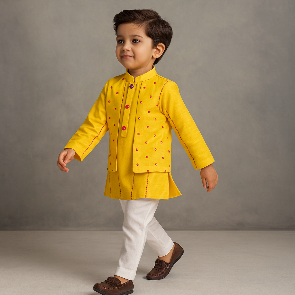 Pre Order: Faux Jacket Style Faux Mirror Embroidered Kurta And Pyjama
