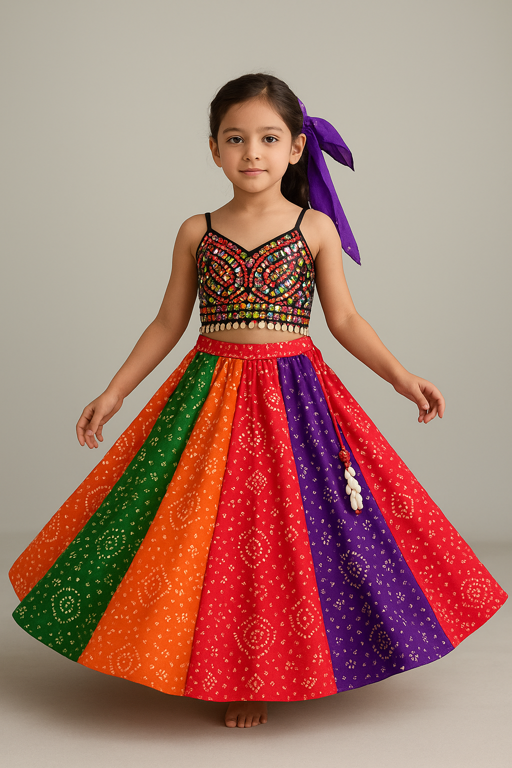 RTD Pre Order: Beautiful Mirror Hand Embroidered Black Tie-up Top With Multicolour Bandhani Printed Lehenga