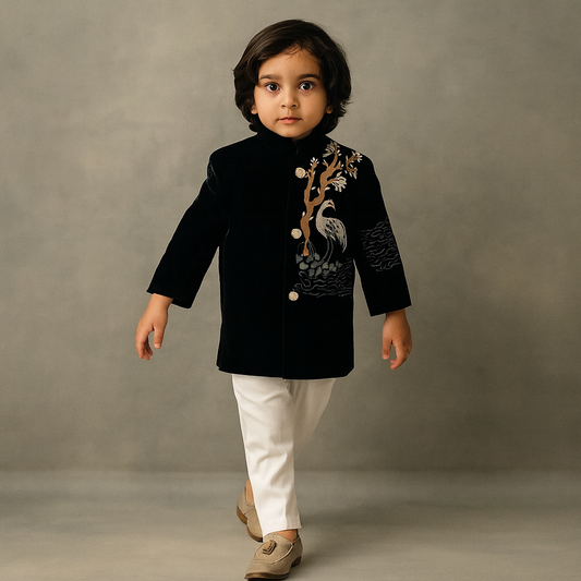 Pre Order: Black Embroidered Sherwani With Cream White Pyjama