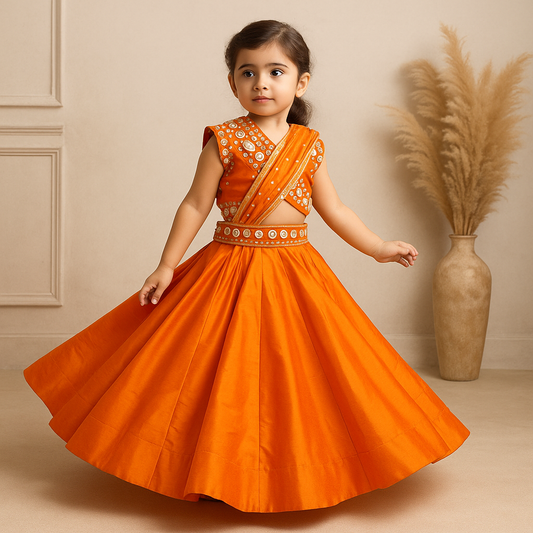Pre Order: Orange Embroidered Top And Lehenga With Attached Dupatta