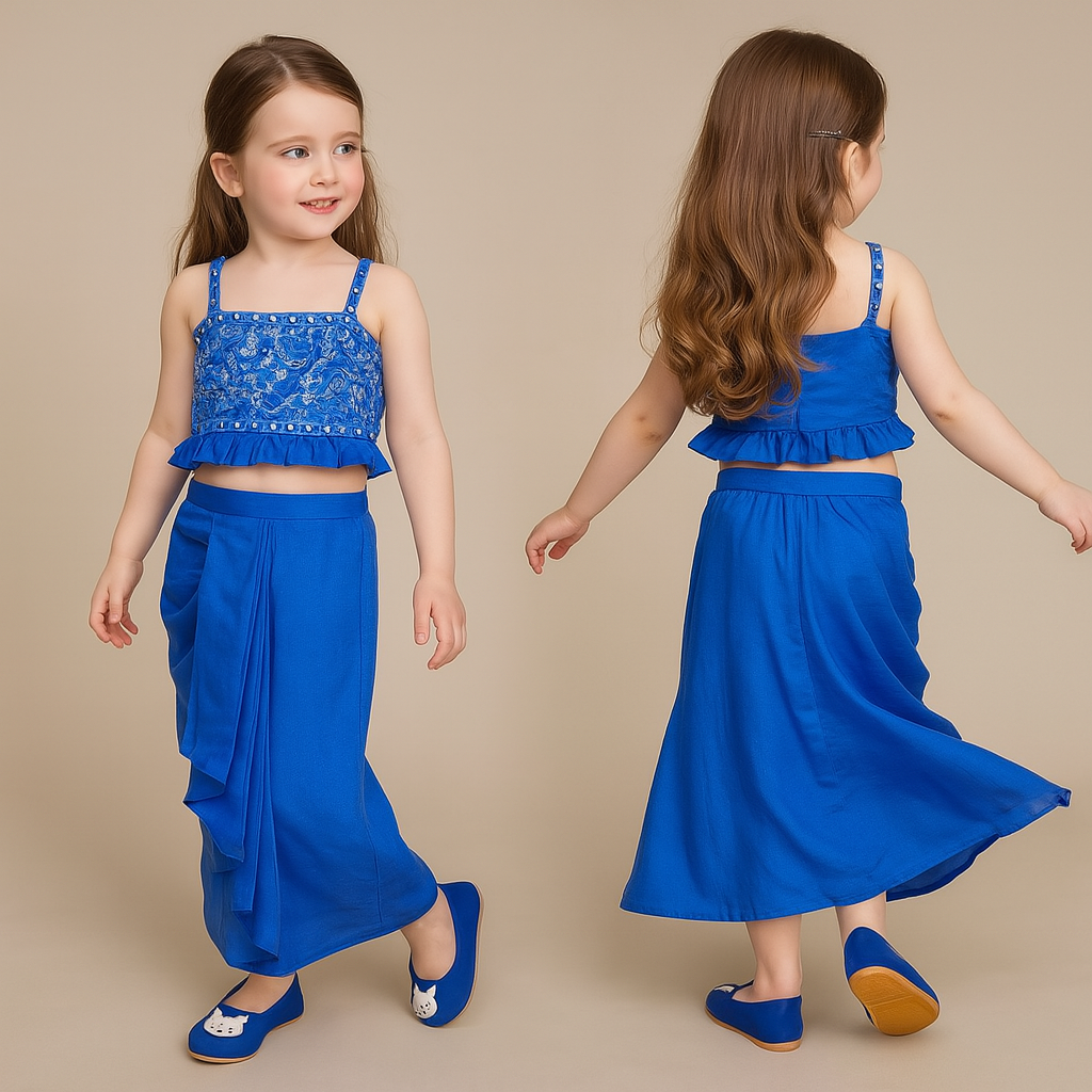 Pre Order: Floral Embroidery Top With Dhoti Style Skirt