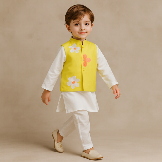 Pre Order: Ethnic Kurta With Yellow Jacket And Pyjama