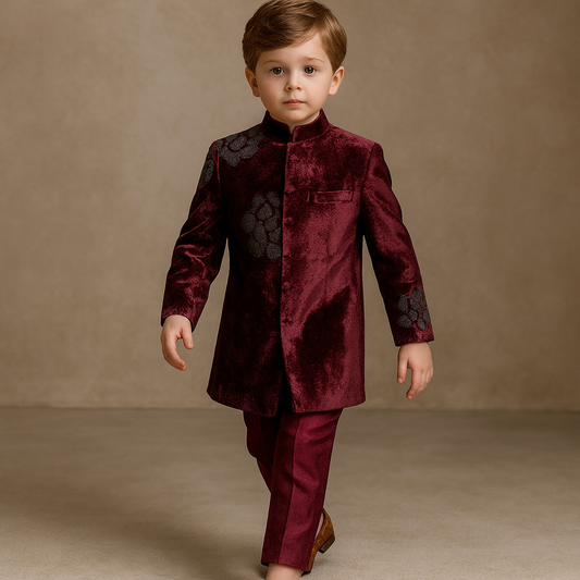 Pre Order: Maroon Velvet Sherwani And Pant