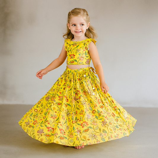 Pre Order: Printed Flower Frill Top And Pleated Lehenga