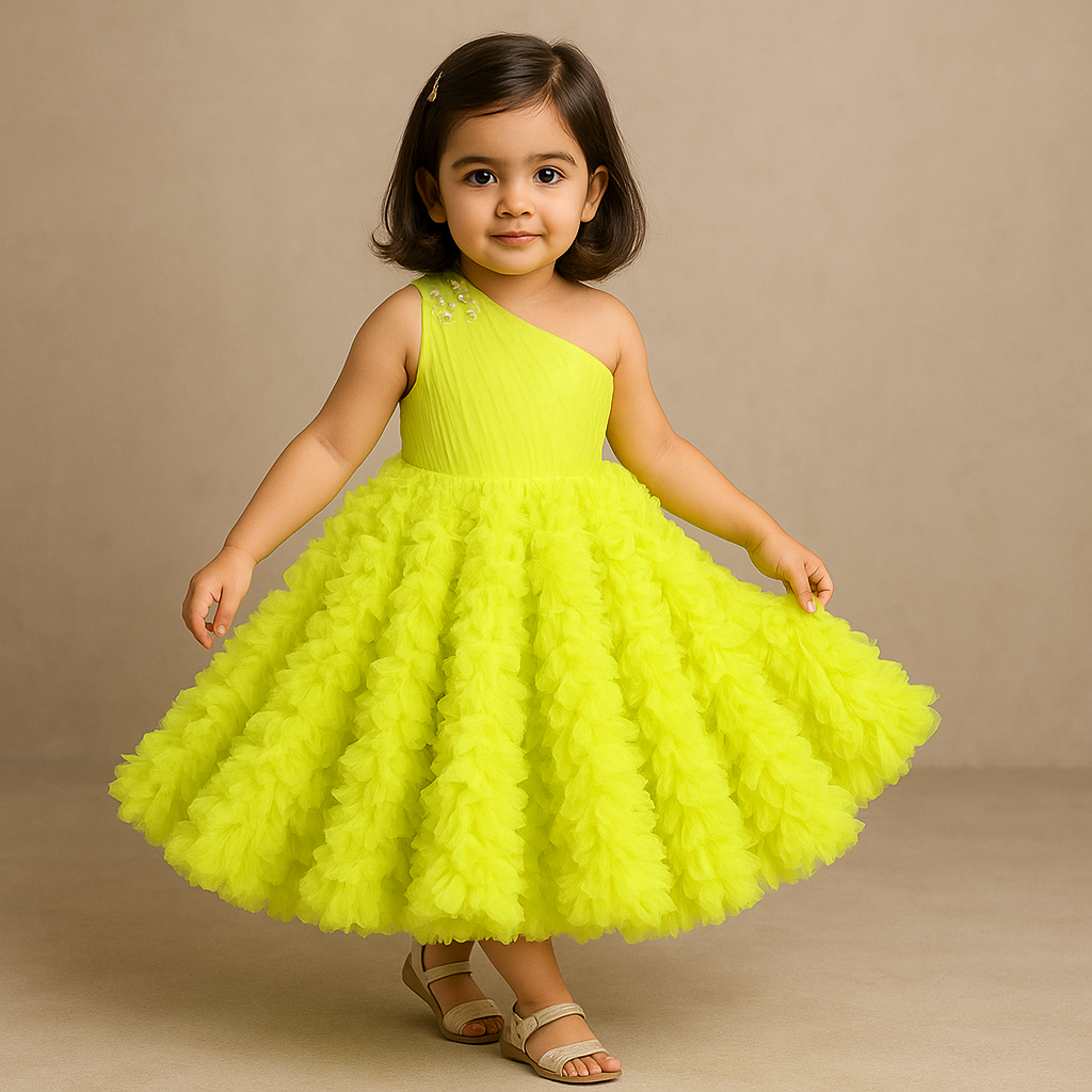Pleated Yoke Lime Green Ruffled Bottom Gown