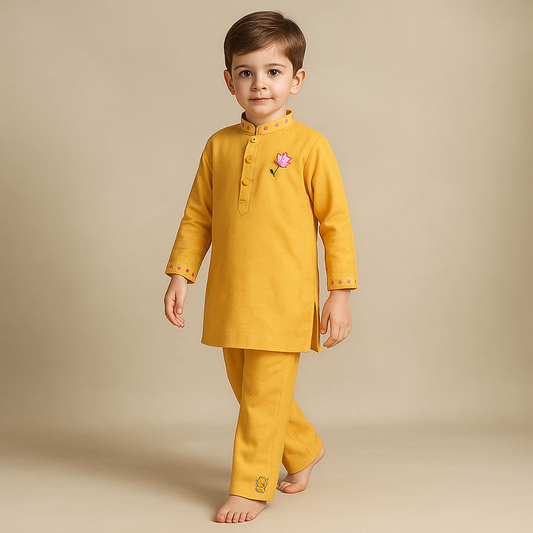 Pre Order: Hand-Embroidered Lotus-Motif Kurta With Pyjama