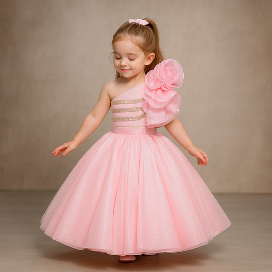 Pink One Shoulder Ruffle Top And Shimmery Lehenga