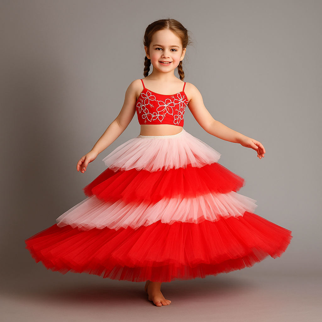 Pre Order: Red Butterfly Embroidered Strappy Top And Multi-Layered Net Lehenga