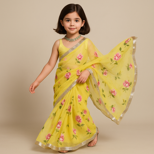 Pre Order: Yellow Floral Saree with Georgette Gota Detailing
