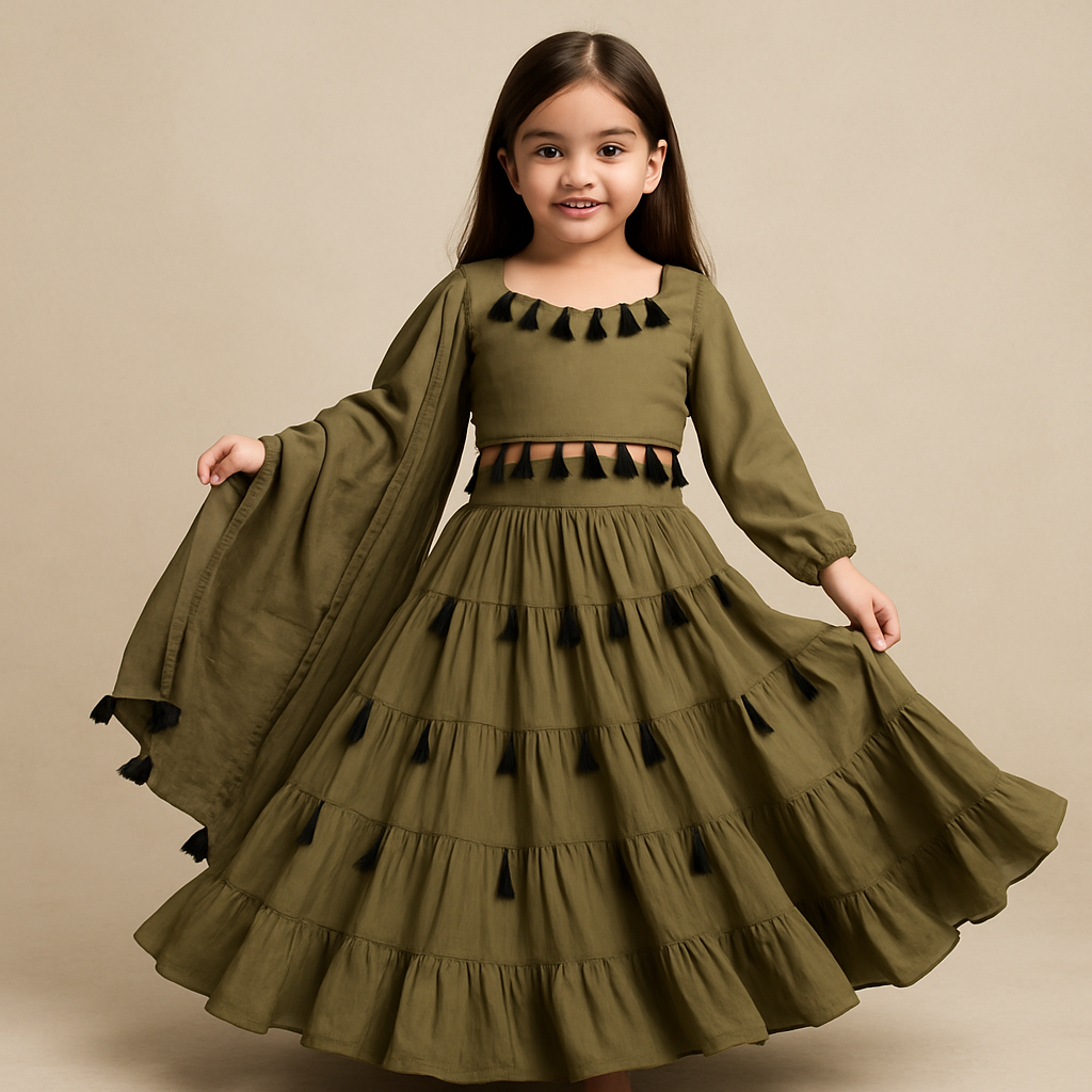 Pre Order: Olive Tassels Details Georgette Lehenga Set