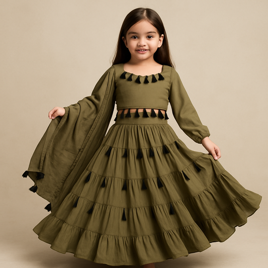Pre Order: Olive Tassels Details Georgette Lehenga Set