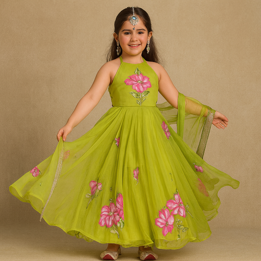 Pre Order: Green Floral Print Anarkali Suit Set