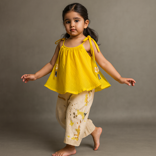 Pre Order: Yellow Flared Tie Up Top With Printed Palazzo