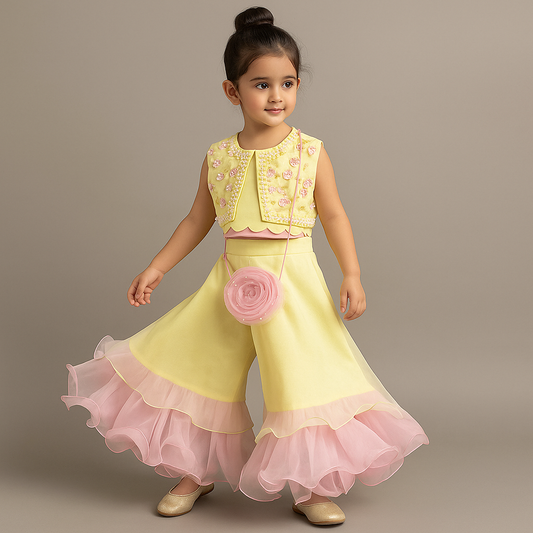 Pre Order: Scallop Designed Top And Ruffle Hem Palazzo