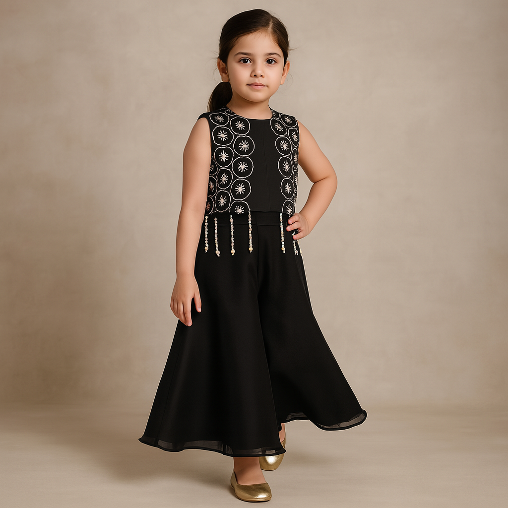 Pre Order: Black Top With Hand Embroidered Cutwork Attached Jacket And Flared Palazzo