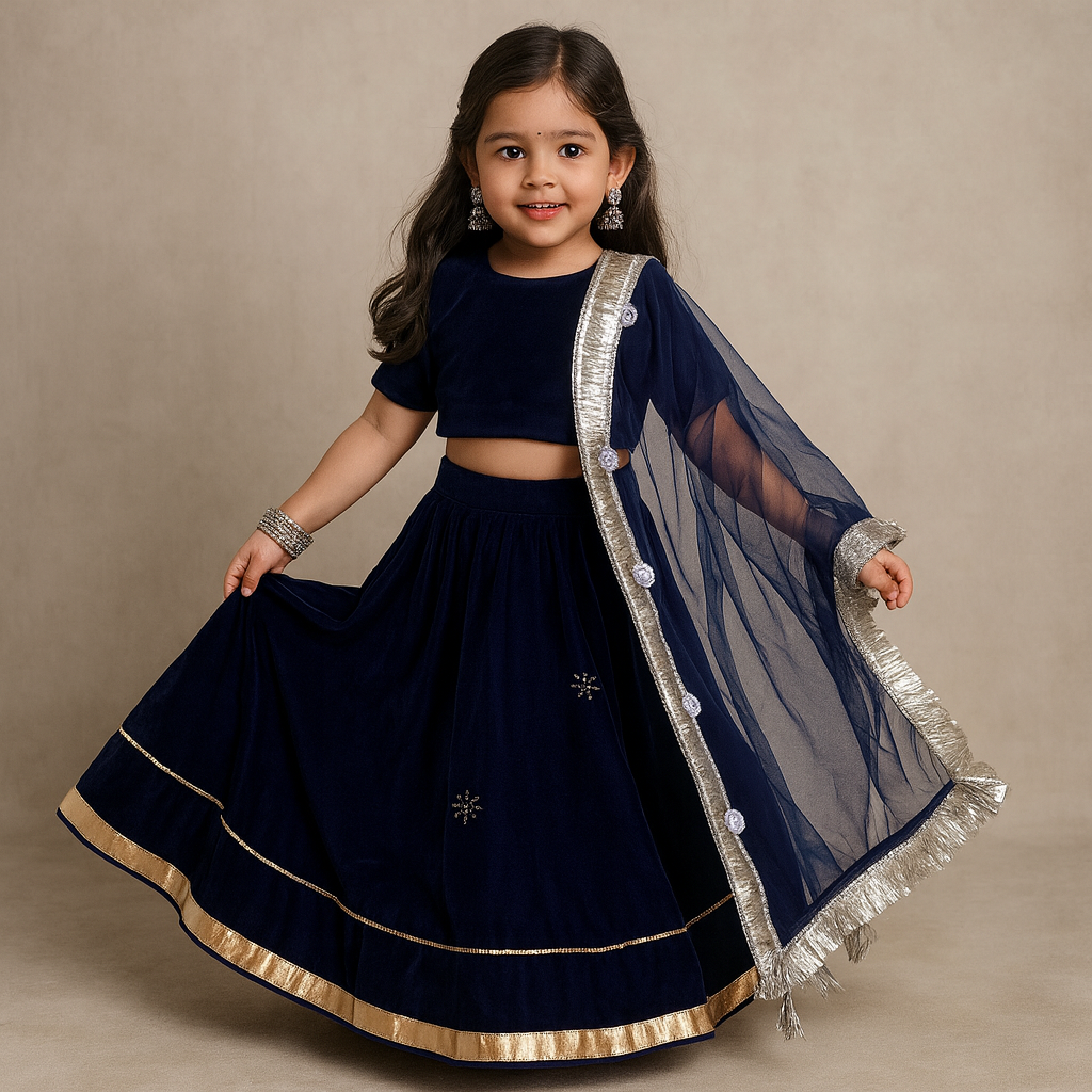 Pre Order: Royal Blue Velvet Lehenga Set