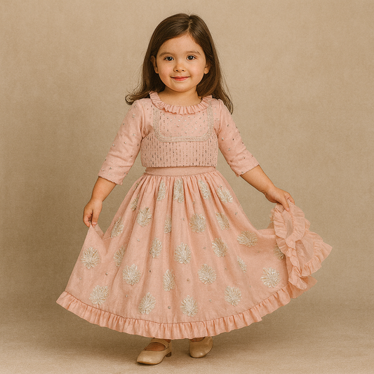 Pre Order: Frill-Enhanced Neckline Embroidered Top With Lehenga And Net Dupatta