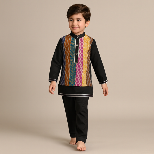 Pre Order: Black Kurta With Multicolour Attached Flap And Pyjama