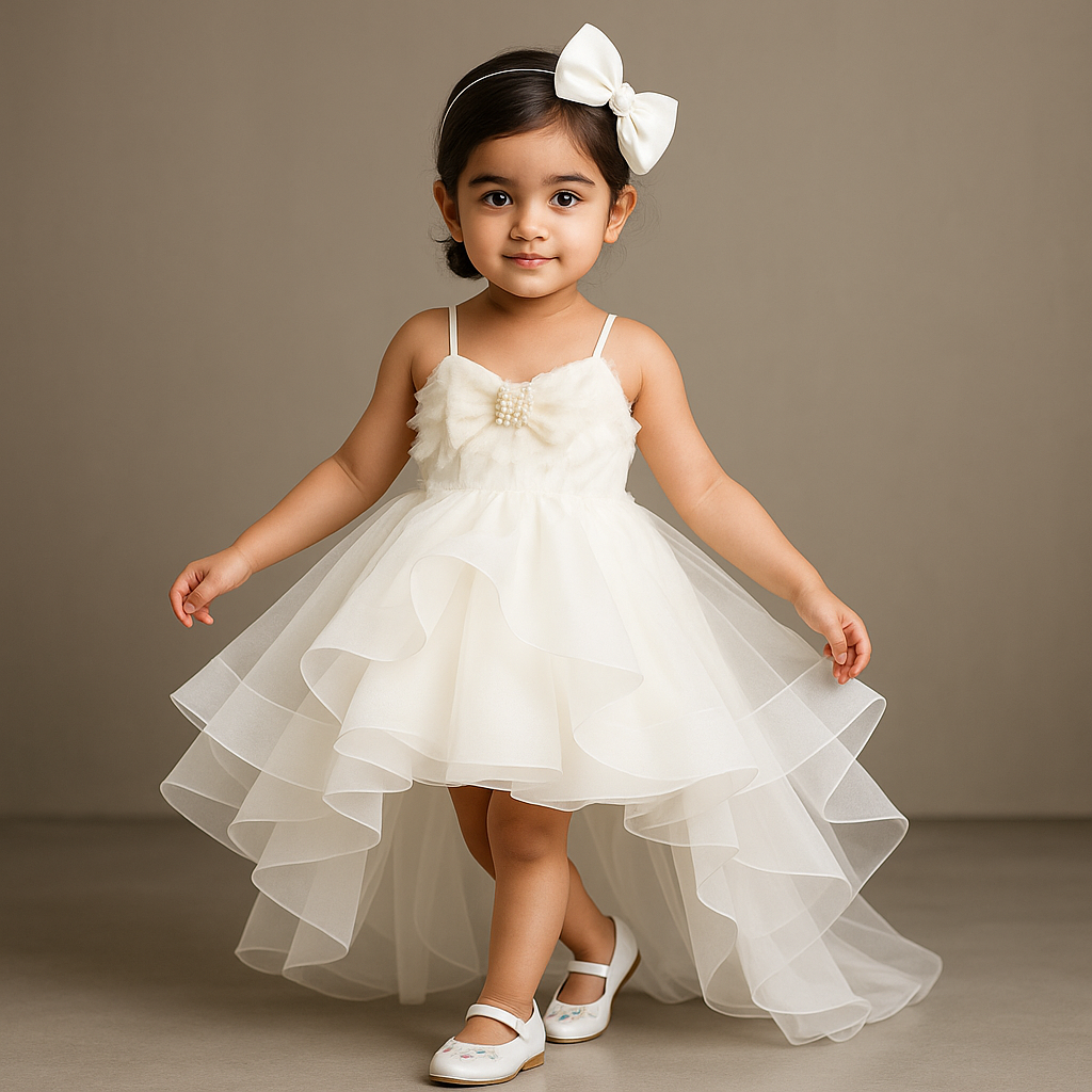 Pre Order: Stylish Off White Trail Dress With Bowie Pearl String Hair Clip