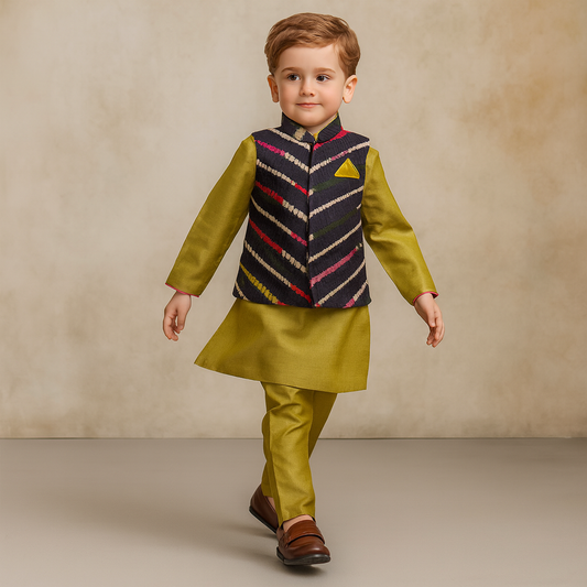 Pre Order: Green Kurta With Printed Multicolour Jacket And Pyjama