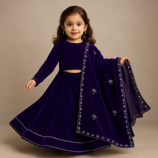 Pre Order: Purple Velvet Embroidered Lehenga Set