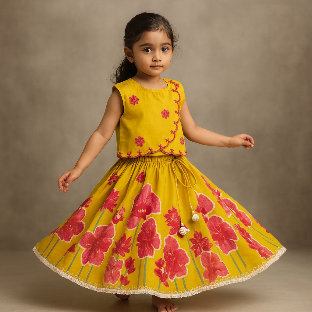 Pre Order: Scallop Detailed Floral Top With Floral Printed Lehenga