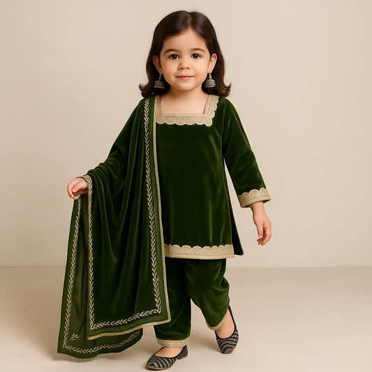 Pre Order: Mehndi Velvet Embroidered Dupatta Suit Set