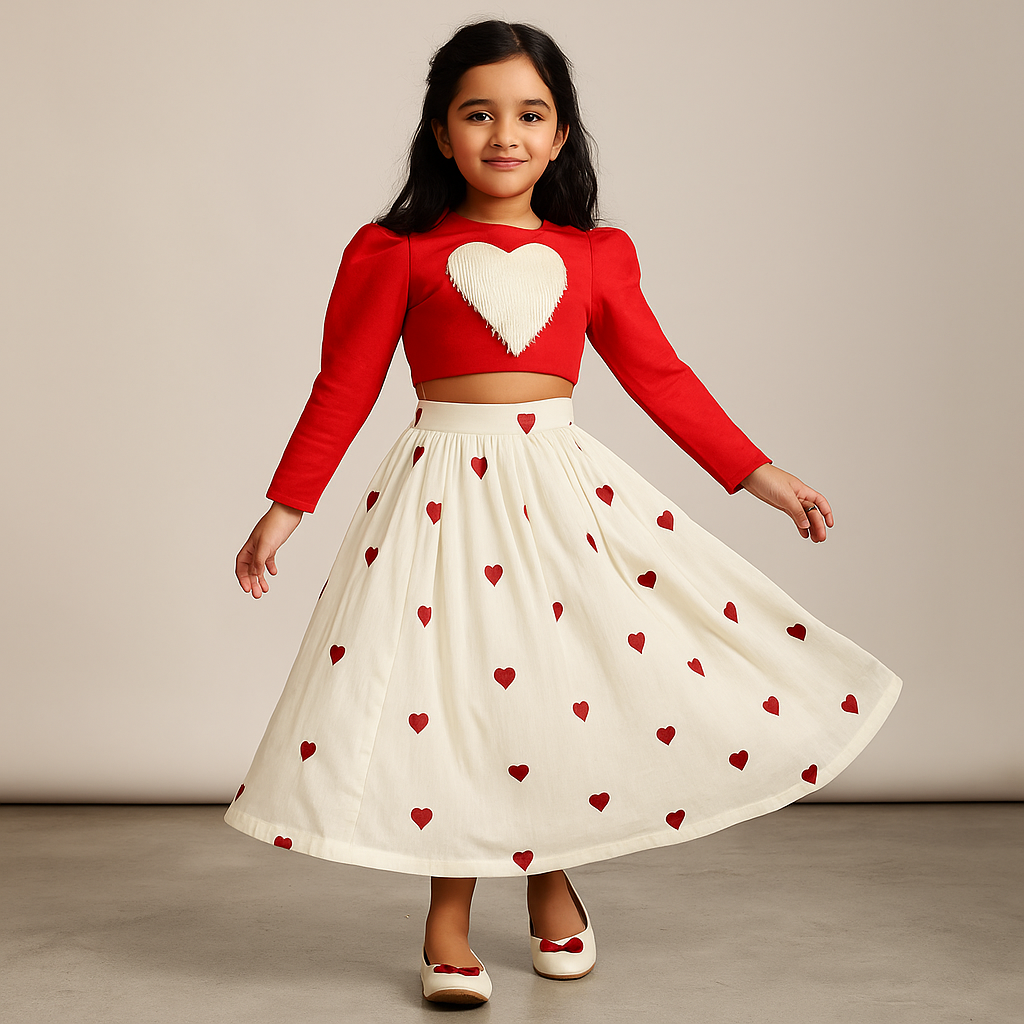 Pre Order: Heart Embroidered Red Top And Off White Lehenga