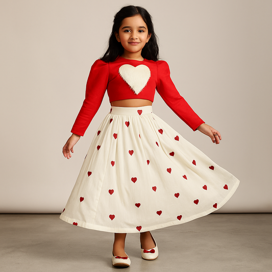 Pre Order: Heart Embroidered Red Top And Off White Lehenga