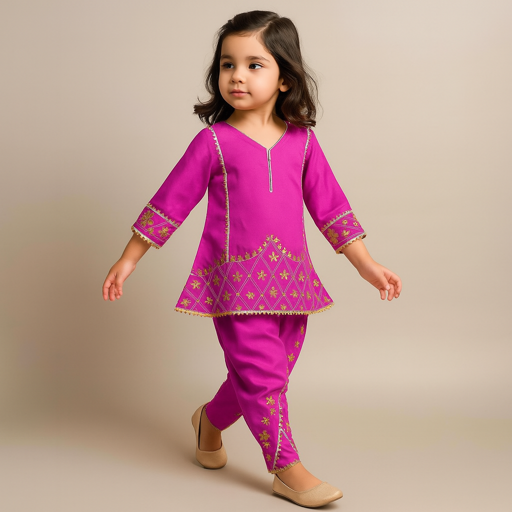 Pink Beautiful Gota Work Top And Dhoti Style Pant With Matching Dupatta