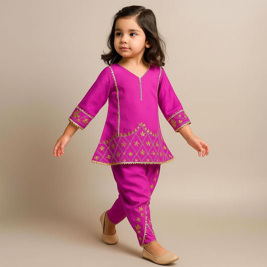 Pink Beautiful Gota Work Top And Dhoti Style Pant With Matching Dupatta