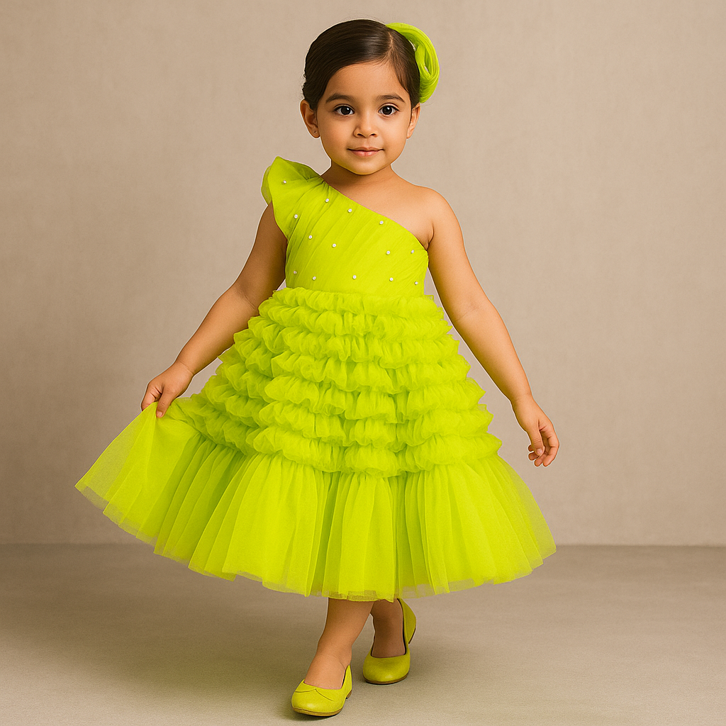 Pre Order: Swirl One Shoulder Frilled Green Gown
