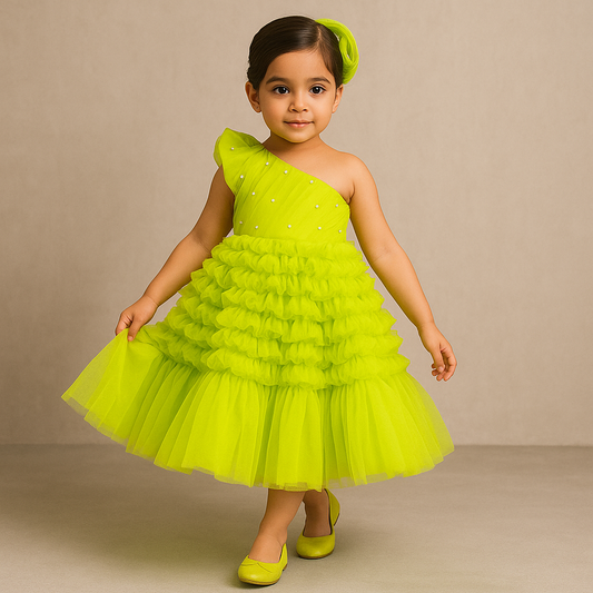 Pre Order: Swirl One Shoulder Frilled Green Gown
