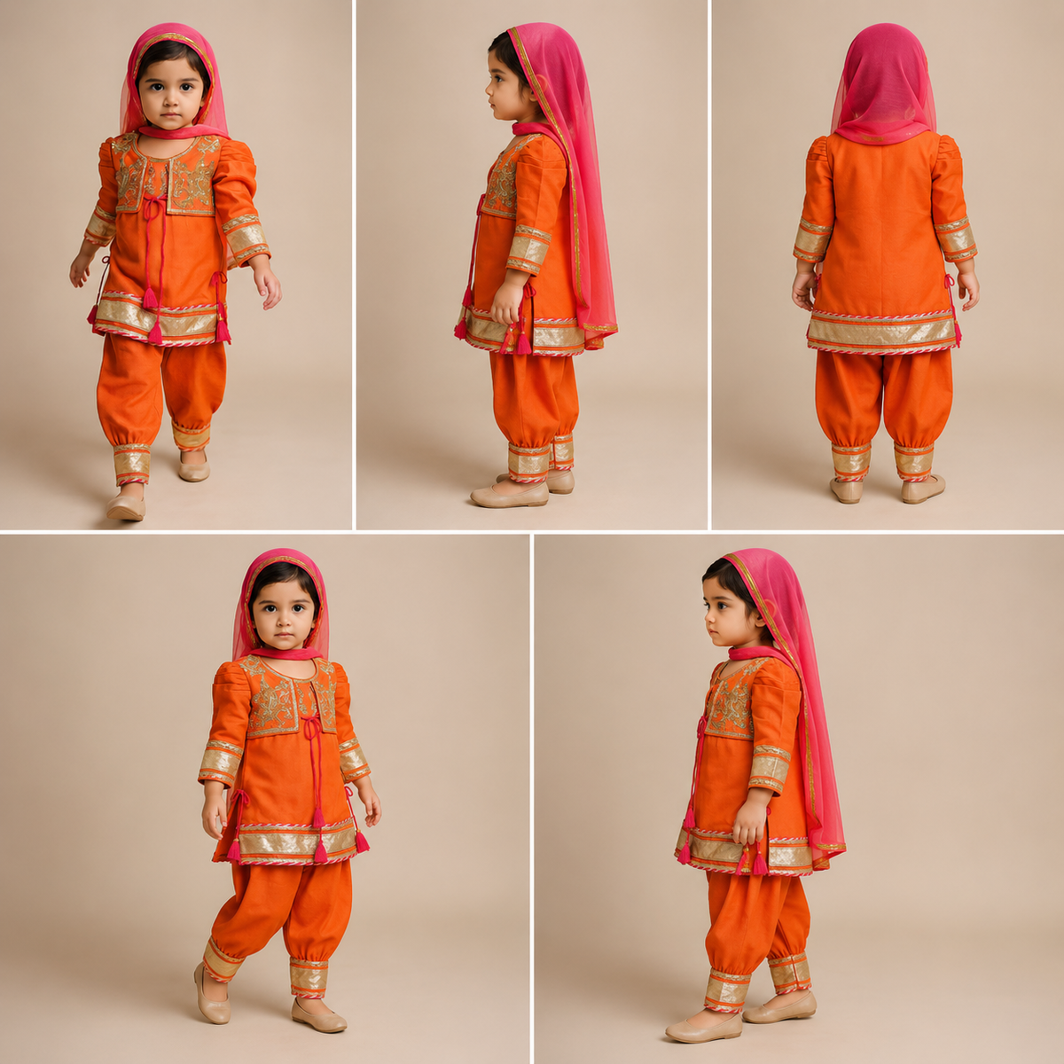 Pre Order: Orange Embroidered Front Open Flap Kurti With Pant And Dupatta