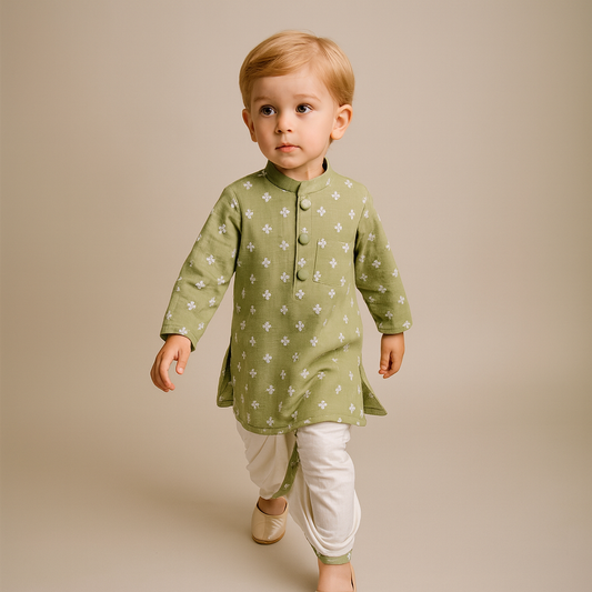 Pre Order: Elegant Green Embroidered Kurta And Dhoti