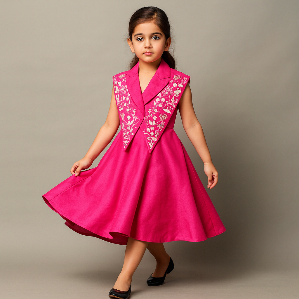 Pre Order: Hot Pink Dress With Embroidered Vest