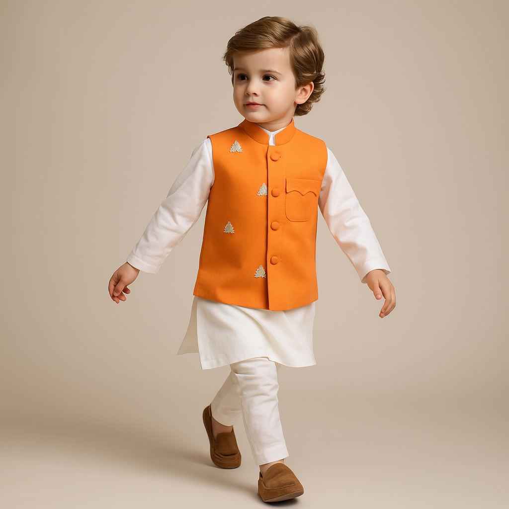 Pre Order: Ethnic Kurta With Patch Pocket Orange Jacket And Pyjama
