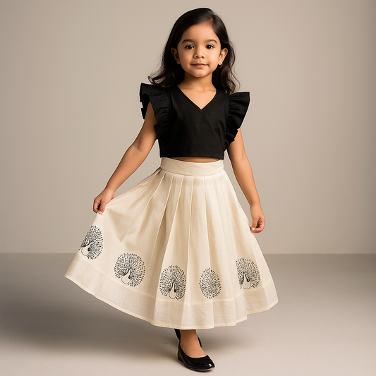 Pre Order: Black Top With Pleats Detailing And Pleated Lehenga