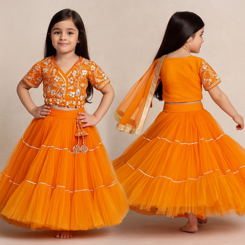 Pre Order: Front Open Embroidered Orange Top And Tiered Net Lehenga With Fringes Dupatta