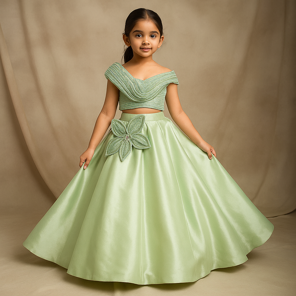 Pre Order: Green Sequin Embellished Strappy Top With Stiff Belt And Lehenga