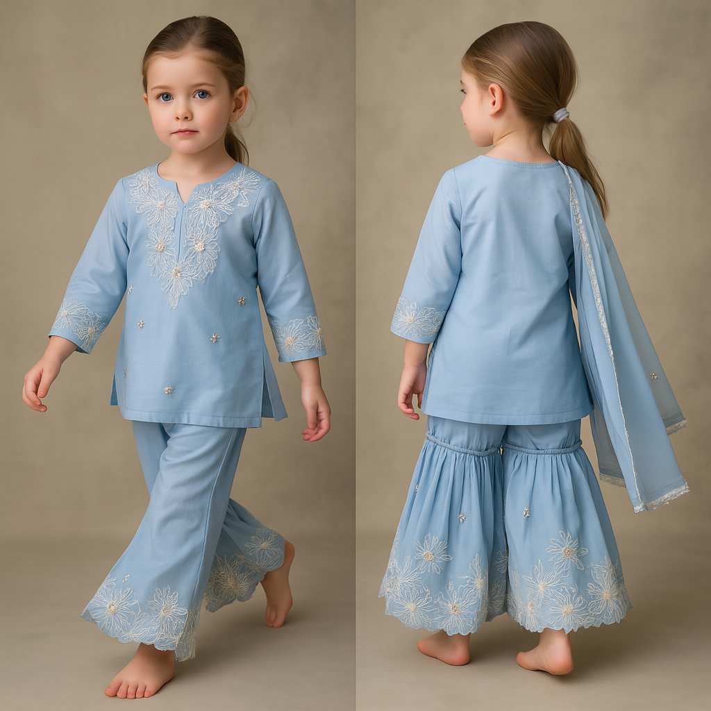 Pre Order: Blue Front Placket Kurti And Pleated Sharara With Net Dupatta