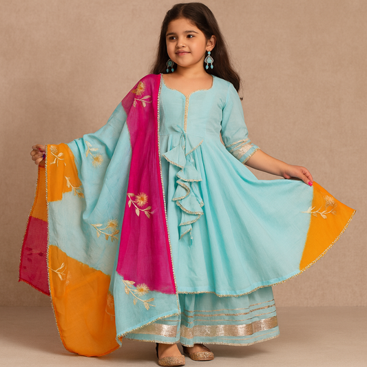 Pre Order: Sky Blue Kurti And Sharara Set